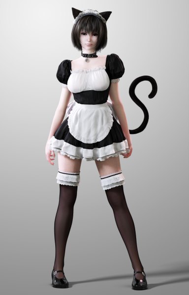 Anime picture 1600x2500 with original ikedan tall image short hair black hair animal ears lips black eyes cat ears realistic grey background maid cat tail 3d girl thighhighs black thighhighs hairband bell collar