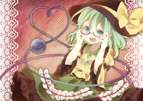 Anime picture 1416x1003 with touhou komeiji koishi yamone (artist) long hair blush open mouth smile green eyes green hair loli adjusting glasses heart of string girl dress bow hat glasses heart hat ribbon