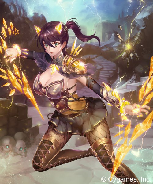 Anime picture 1200x1440 with shingeki no bahamut original holy jewel soldier (rage of bahamut) ryushin single long hair tall image looking at viewer breasts light erotic black hair cleavage ponytail magic girl dress thigh boots skull