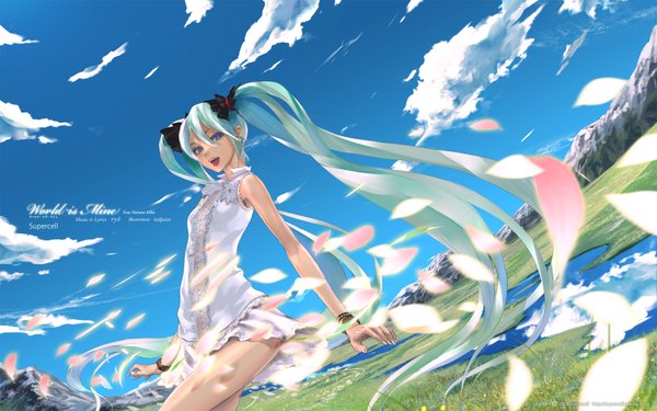 Anime picture 1920x1200 with vocaloid world is mine (vocaloid) hatsune miku redjuice single long hair highres open mouth wide image twintails cloud (clouds) wind aqua hair mountain cropped girl plant (plants) petals grass sundress