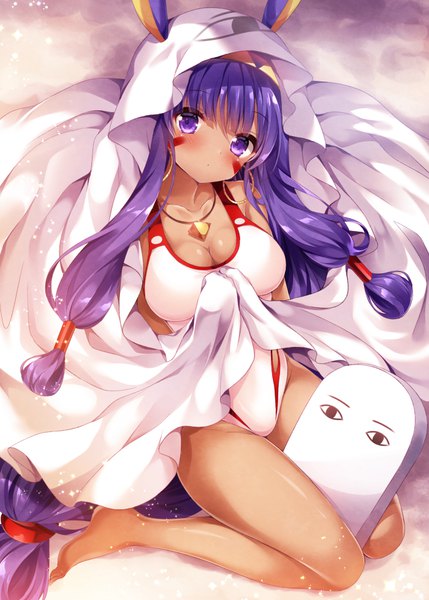 Anime picture 700x979 with fate (series) fate/grand order nitocris (fate) nitocris (swimsuit assassin) (fate) nogi takayoshi single tall image looking at viewer blush fringe breasts light erotic large breasts sitting purple eyes bare shoulders animal ears cleavage purple hair full body