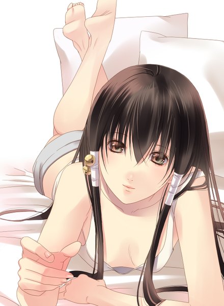 Anime picture 1100x1500 with getbackers studio deen fuuchouin kazuki hirai chika single long hair tall image looking at viewer light erotic black hair brown eyes barefoot on stomach otoko no ko hair bell boy pillow bell
