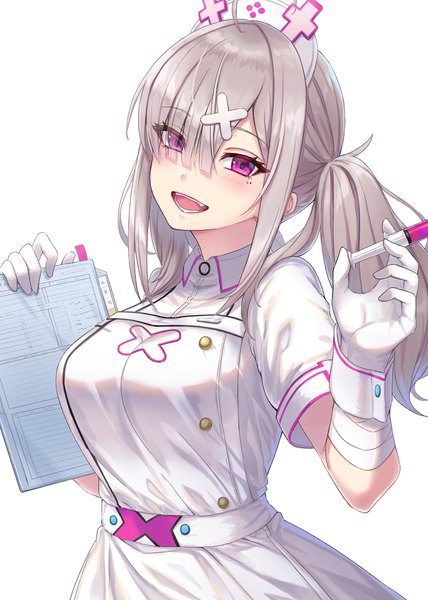 Anime picture 1488x2088 with virtual youtuber nijisanji sukoya kana gohei (aoi yuugure) single long hair tall image looking at viewer blush fringe breasts open mouth simple background smile hair between eyes standing white background purple eyes twintails holding