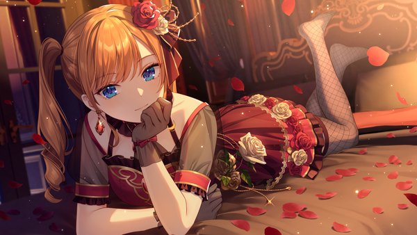 Anime picture 2958x1665 with original bshi edayo single long hair looking at viewer blush fringe highres blue eyes brown hair wide image twintails payot full body bent knee (knees) indoors lying blunt bangs head tilt hair flower