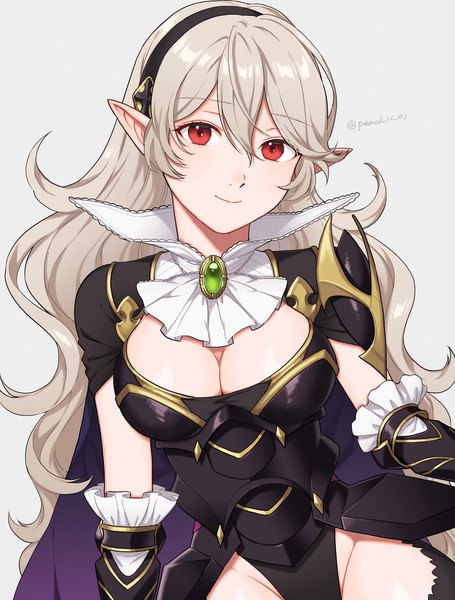Anime picture 1689x2226 with fire emblem fire emblem heroes fire emblem fates nintendo corrin (fire emblem) corrin (female) (fire emblem) peach11 01 single long hair tall image looking at viewer fringe breasts light erotic simple background smile hair between eyes red eyes signed cleavage