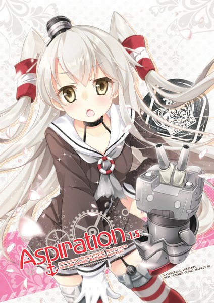 Anime picture 707x1000 with kantai collection amatsukaze destroyer rensouhou-kun mocha (naturefour) single long hair tall image open mouth brown eyes white hair two side up girl thighhighs hair ornament weapon hat petals hair tubes sailor suit mini hat