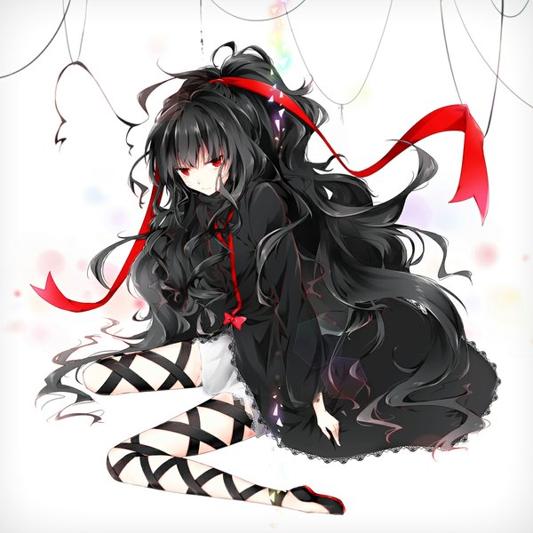 Anime picture 1000x1000 with kagerou project shaft (studio) azami (kagerou project) azu (pixiv 468209) single long hair looking at viewer black hair simple background red eyes white background sitting ponytail wariza wavy hair girl ribbon (ribbons) hair ribbon