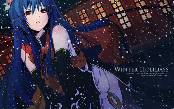 Anime picture 1920x1200 with touhou hinanawi tenshi eretto single long hair highres red eyes wide image blue hair text watermark snowing winter english girl