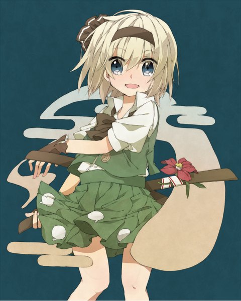 Anime picture 900x1126 with touhou konpaku youmu myon henki (orange) single tall image looking at viewer short hair open mouth blue eyes simple background blonde hair blue background girl skirt gloves flower (flowers) bow weapon hair bow