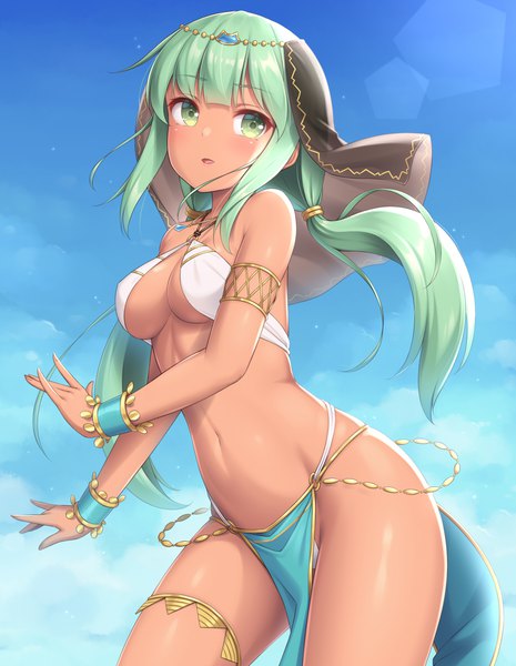 Anime picture 930x1200 with original sasaame single long hair tall image blush fringe breasts open mouth light erotic large breasts standing twintails green eyes payot looking away sky cloud (clouds) outdoors blunt bangs