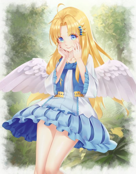 Anime picture 2710x3459 with tate no yuusha no nariagari kinema citrus firo (tate no yuusha no nariagari) negi3 single long hair tall image looking at viewer blush highres blue eyes blonde hair smile standing ahoge wide sleeves loli white wings hands on face girl