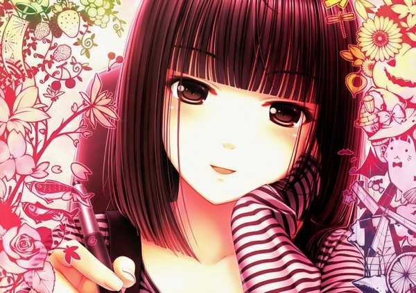 Anime picture 2000x1407 with original sayori (character) sayori looking at viewer highres black hair black eyes face girl flower (flowers)