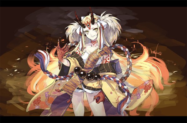 Anime picture 1000x658 with fate (series) fate/grand order ibaraki douji (fate) makoto kohuku single long hair looking at viewer blonde hair smile standing yellow eyes traditional clothes japanese clothes horn (horns) tattoo letterboxed oni horns smirk oni girl