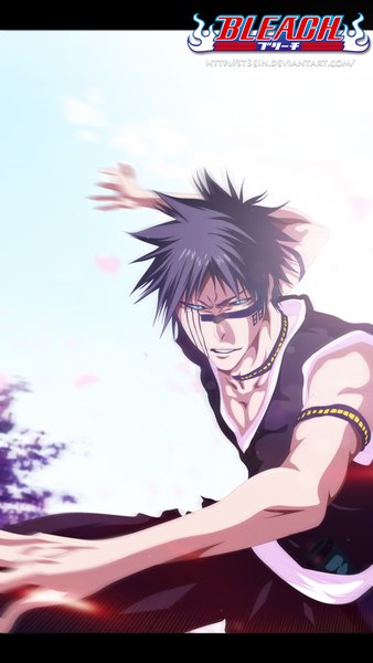 Anime picture 1692x3000 with bleach studio pierrot hisagi shuuhei schwarrtz single tall image short hair blue eyes black hair sky cloud (clouds) japanese clothes inscription sleeveless coloring letterboxed angry face paint boy belt