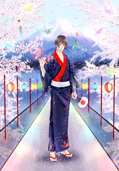 Anime picture 2480x3543 with axis powers hetalia studio deen japan (hetalia) yaroslavapanina single tall image fringe highres short hair black hair brown hair standing brown eyes sky traditional clothes japanese clothes cherry blossoms mountain festival boy