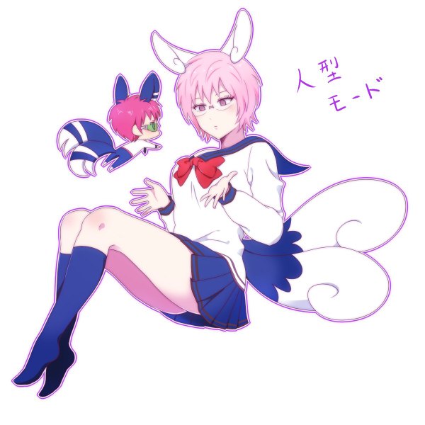 Anime picture 1200x1200 with pokemon saiki kusuo no psi nan pokemon xy nintendo saiki kusuo meowstic saiki kusuko koro (koinori) short hair simple background white background animal ears pink hair full body tail animal tail pink eyes no shoes chibi jumping