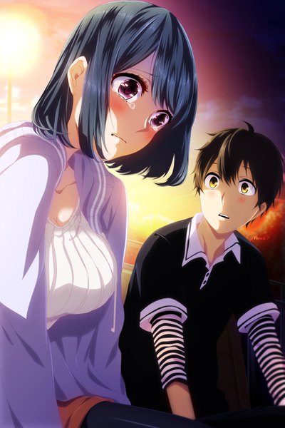 Anime picture 2000x3000 with koi to uso lidenfilms takasaki misaki (koi to uso) nejima yukari eroishi tall image blush fringe highres short hair breasts open mouth black hair brown hair purple eyes green eyes outdoors parted lips couple tears