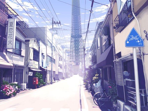 Anime picture 1200x900 with step to you (vocaloid) yonasawa (artist) sky cloud (clouds) city hieroglyph no people street plant (plants) building (buildings) ground vehicle wire (wires) power lines tower traffic sign bicycle