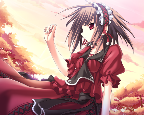 Anime picture 1280x1024 with ina (inadahime) single black hair red eyes girl dress plant (plants) tree (trees) lolita hairband