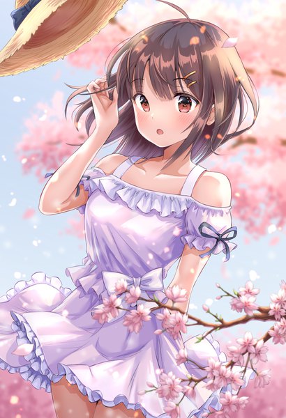 Anime picture 800x1169 with original hirokazu (analysis-depth) single tall image looking at viewer blush fringe short hair breasts open mouth brown hair standing bare shoulders brown eyes payot sky ahoge outdoors arm up wind