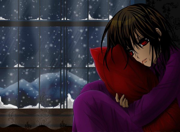 Anime picture 1200x878 with vampire knight studio deen cross yuki single short hair open mouth red eyes brown hair wind hug snowing winter crossed arms girl pillow blood pajamas