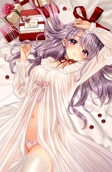 Anime picture 979x1500 with original tsukigami luna single long hair tall image looking at viewer blush fringe light erotic smile hair between eyes purple eyes purple hair lying open clothes on back covered nipples christmas hand on head merry christmas