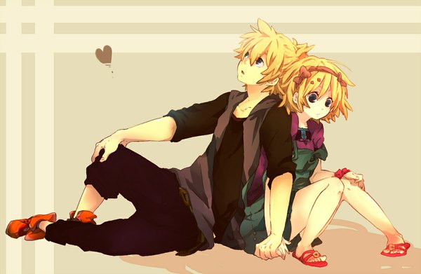 Anime picture 1100x718 with vocaloid kagamine rin kagamine len yomonari (artist) short hair blue eyes blonde hair sitting shadow holding hands girl boy heart hairband overalls