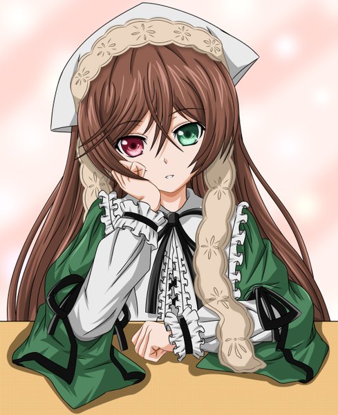 Anime picture 1084x1330 with rozen maiden suiseiseki takumi (rozen garten) single long hair tall image looking at viewer brown hair heterochromia lolita fashion girl dress bonnet