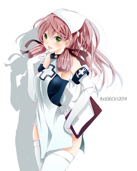 Anime picture 1603x2000 with kantai collection akashi repair ship tebi (tbd11) single long hair tall image looking at viewer blush open mouth light erotic simple background smile white background bare shoulders green eyes signed payot pink hair alternate costume hand on hip