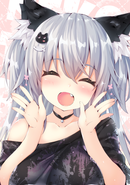 Anime picture 844x1200 with original oziko (ojitcha) ojitcha single long hair tall image blush fringe hair between eyes animal ears payot upper body eyes closed grey hair cat ears off shoulder fang (fangs) ^ ^ bell collar ^o^