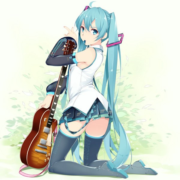Anime picture 1000x1000 with vocaloid hatsune miku ello-chan single light erotic twintails very long hair looking back aqua eyes aqua hair kneeling girl skirt hair ornament underwear panties detached sleeves miniskirt boots thigh boots