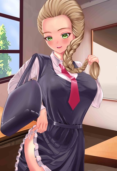 Anime-Bild 3995x5860 mit tiny bunny katya (tiny bunny) ronikx art single long hair tall image blush highres open mouth light erotic blonde hair standing green eyes looking away absurdres indoors braid (braids) long sleeves single braid holding hands