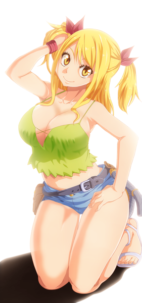 Anime picture 612x1304 with fairy tail lucy heartfilia afran67 single long hair tall image short hair breasts light erotic blonde hair simple background smile large breasts white background twintails yellow eyes armpit (armpits) kneeling coloring adjusting hair