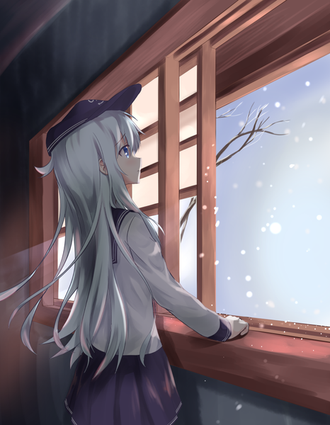 Anime picture 778x1000 with kantai collection hibiki destroyer akabane hibame single long hair tall image blush fringe blue eyes standing payot silver hair ahoge indoors long sleeves profile pleated skirt snowing looking up winter