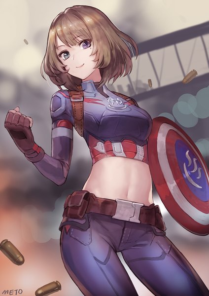Anime picture 700x990 with idolmaster idolmaster cinderella girls marvel comics takagaki kaede captain america meto31 single tall image looking at viewer fringe short hair breasts smile brown hair standing purple eyes holding green eyes signed blurry