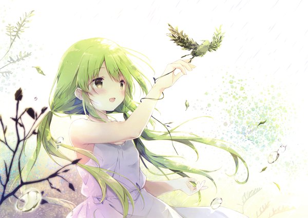 Anime picture 3300x2342 with original eshi 100-nin ten shiratama (shiratamaco) single long hair blush highres open mouth twintails bare shoulders green eyes looking away absurdres green hair wind scan low twintails bird on hand girl dress