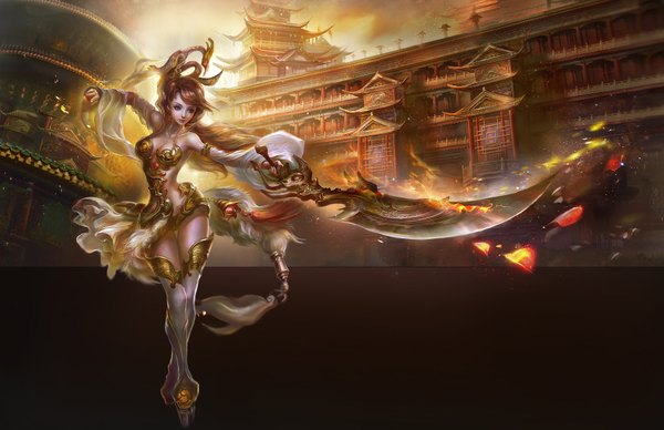 Anime picture 1920x1243 with rong rong (shenhaiyuyou) single long hair highres brown hair bare shoulders wind realistic grey eyes magic architecture east asian architecture girl hair ornament weapon detached sleeves petals sword armor fur