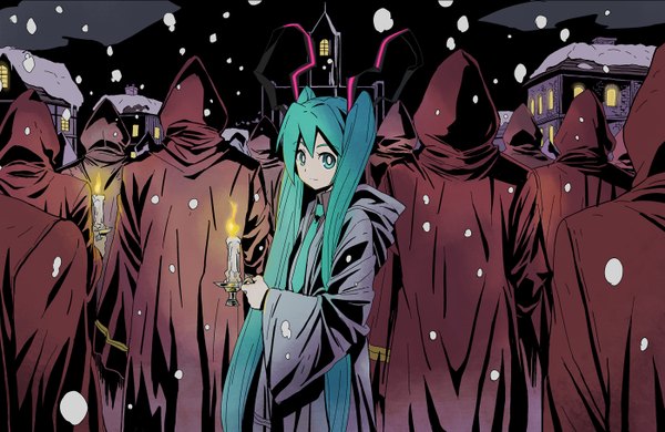 Anime picture 1400x910 with vocaloid hatsune miku maxgonta (artist) twintails very long hair aqua eyes aqua hair snowing winter snow girl hood candle (candles) lovecraft