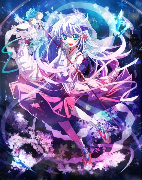 Anime picture 2083x2644 with higurashi no naku koro ni studio deen hanyuu fumiko (miruyuana) single long hair tall image highres open mouth blue eyes silver hair traditional clothes horn (horns) girl flower (flowers) detached sleeves bell jingle bell