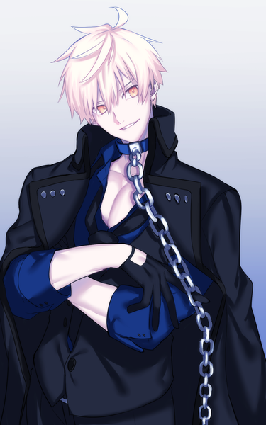Anime picture 1050x1680 with fate (series) fate/grand order fate/prototype artoria pendragon (all) saber alter arthur pendragon (fate) seseragi azuma single tall image fringe short hair simple background smile hair between eyes yellow eyes ahoge white hair gradient background crossed arms clothes on shoulders