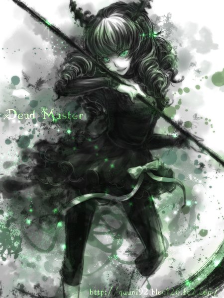 Anime picture 1000x1334 with black rock shooter dead master quuni single long hair tall image looking at viewer open mouth black hair green eyes horn (horns) light smile inscription drill hair girl dress weapon