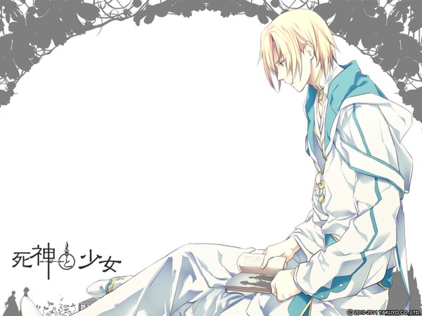 Anime picture 1280x960 with shinigami to shojo ao (shinigami to shojo) single short hair blue eyes blonde hair white background sitting signed profile inscription hieroglyph boy pendant book (books)