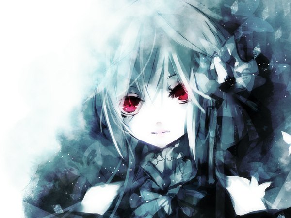 Anime picture 800x600 with original yuukichi single looking at viewer fringe short hair red eyes white background bare shoulders monochrome girl bow
