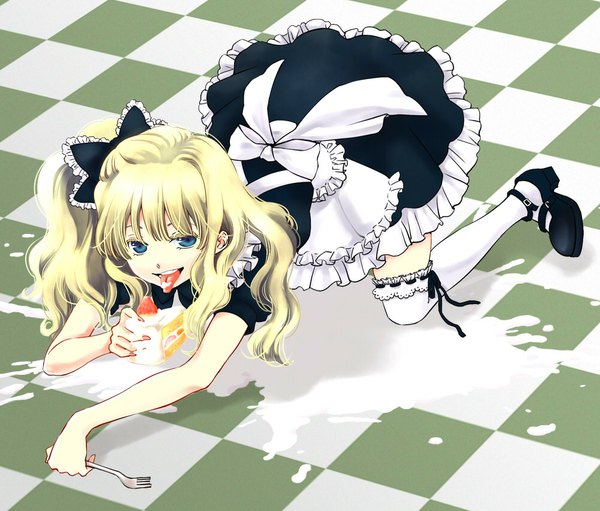 Anime picture 1000x852 with original watomura single long hair looking at viewer blue eyes blonde hair full body one side up checkered floor girl thighhighs dress white thighhighs sweets tongue cake cream
