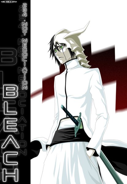 Anime picture 1024x1484 with bleach studio pierrot ulquiorra schiffer stfun single tall image short hair black hair green eyes japanese clothes horn (horns) inscription coloring hands in pockets espada boy weapon sword belt kimono