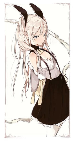 Anime picture 450x870 with original lpip single long hair tall image looking at viewer fringe blue eyes simple background standing white background twintails white hair hands behind back frilly skirt body blush girl skirt hair ornament detached sleeves