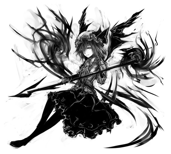 Anime picture 1525x1379 with touhou remilia scarlet acryl (artist) single short hair simple background white background monochrome girl dress ribbon (ribbons) weapon wings necktie thigh boots bonnet spear the gungnir