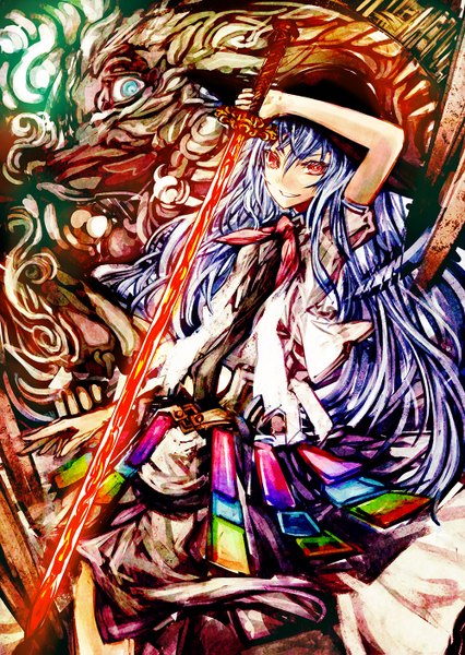 Anime picture 1000x1407 with touhou hinanawi tenshi akasia single long hair tall image looking at viewer smile red eyes blue hair girl dress weapon hat sword hisou no tsurugi