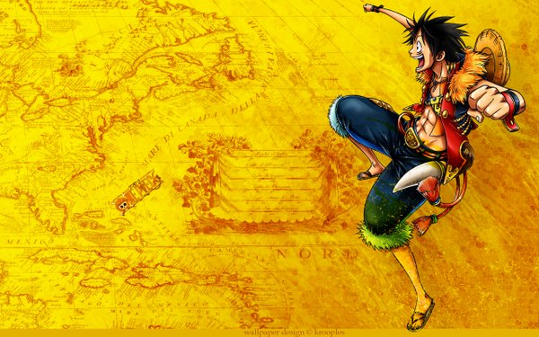 Anime picture 2560x1600 with one piece toei animation monkey d. luffy single fringe highres short hair open mouth black hair smile wide image full body profile open jacket fur trim copyright name sleeveless outstretched arm muscle yellow background