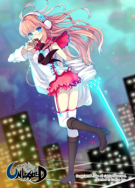 Anime picture 1000x1385 with original juke single long hair tall image looking at viewer blush blue eyes pink hair ahoge girl thighhighs dress white thighhighs glasses boots headphones